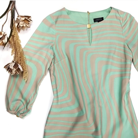 Tahari Mint Green Tan Striped Swirl Lined Dress - Picture 4 of 8
